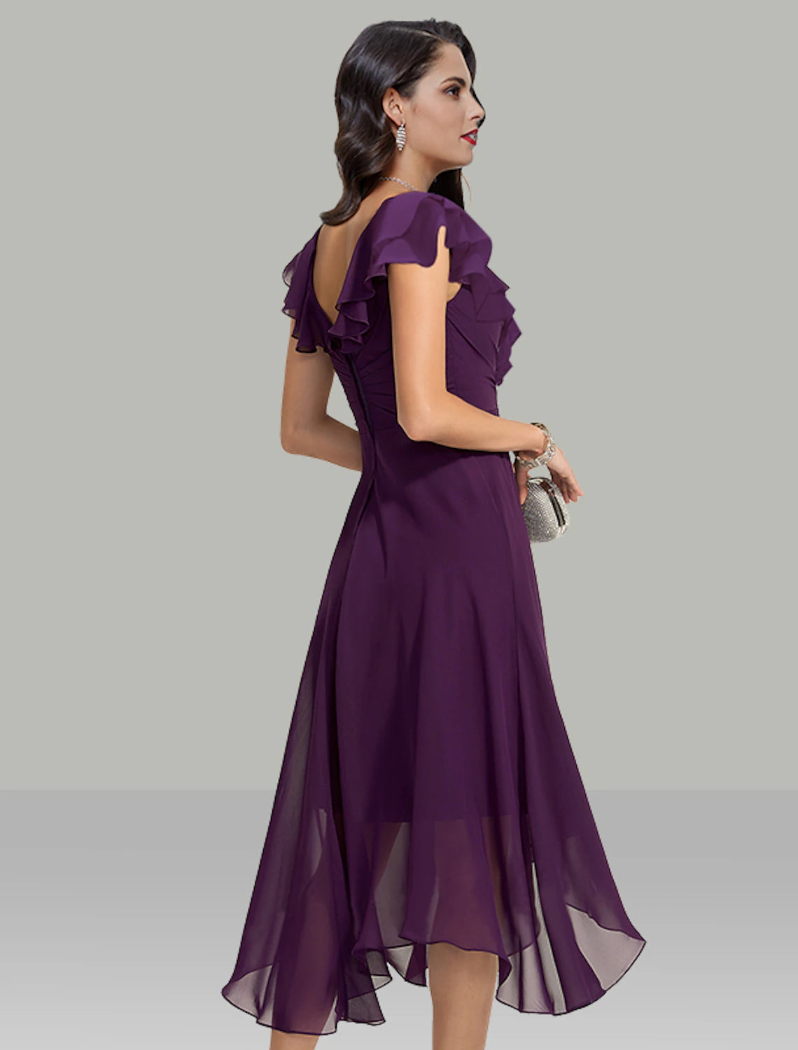 Wholesale A-Line Wedding Guest Dresses Elegant Dress Cocktail Party Tea Length Short Sleeve V Neck Chiffon with Rhinestone